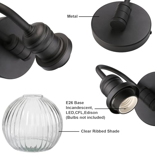 Image of Yosoan Boho Brass Vintage Bathroom Wall Sconce with Striped Shade, 1-Light Indoor Hardwired Vanity Wall Mounted Fixture with Double Hole Round Glass Lamp for Bedroom Kitchen Mirror Living Room(Black)