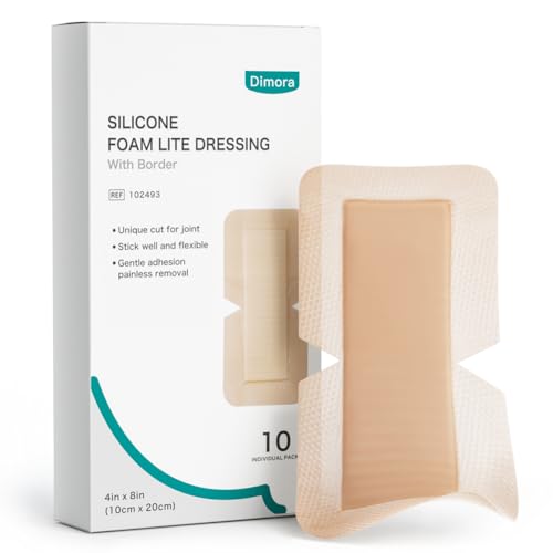 Dimora Silicone Foam Dressing with Border 4X8 (10 Pack) Adhesive Large Bandages for Wound for Post Elbow Shoulder Knee Surgery Care
