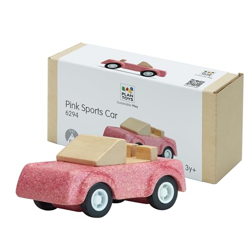 Image of PlanToys Pink Sports Car Wooden Montessori Vehicle Toy | Early Movement, Imagination and Practical Life Exploration | Eco Friendly Car for Indoor and Outdoor Play
