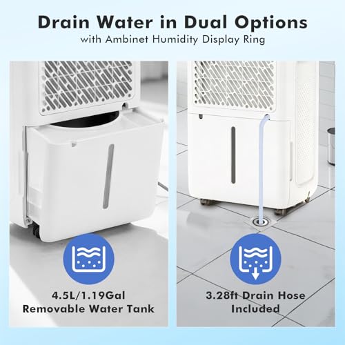 Image of NEWBULIG 50Pints Dehumidifier with Drain Hose, 3,500 Sq.Ft Dehumidifier for Basement, 1.19 Gallon Tank, Low 41dB, Airflow Swing, Ideal Whole House Humidity Remover for Home, Bedroom & Bathroom