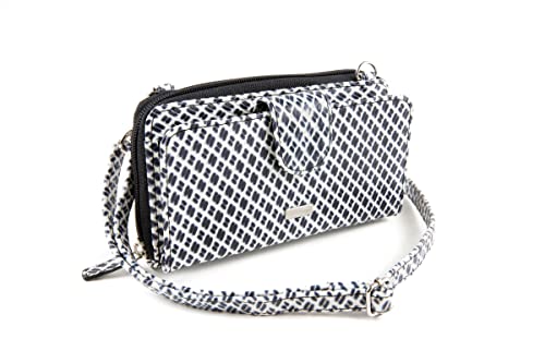 WalletBe Women's Wallet Woven Leather Crossbody Smartphone Purse with Straps RFID Black and White