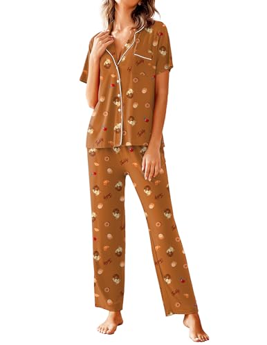 Image of Avidlove Women Pajamas Set Notch Collar Soft Sleepwear Pjs Short Sleeve Button Down Nightwear with Long Pants