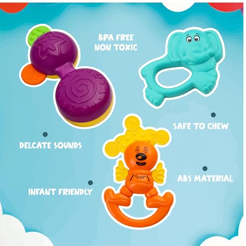 Image of Cable World Bath Toy Infant Colourful Plastic Non Toxic Set of 7 Attractive Big Size Rattles and Teathers, Bath Toy for Kids, New Borns, Baby