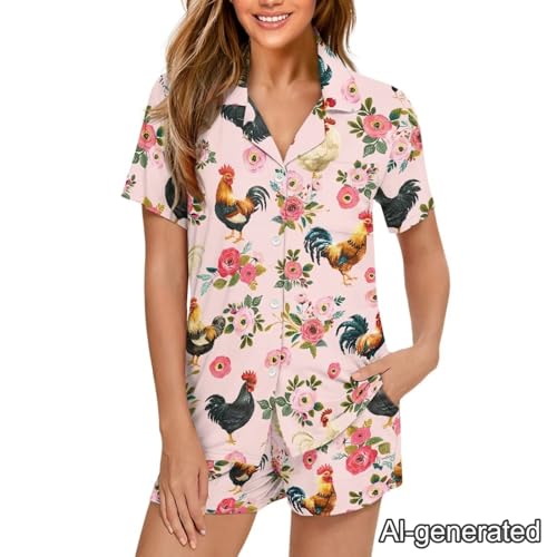 Image of Renewold Women's Short Sleeve Pajama Set Button Down Sleepwear with Notch Collar Soft Lounge Top and Shorts with Pockets