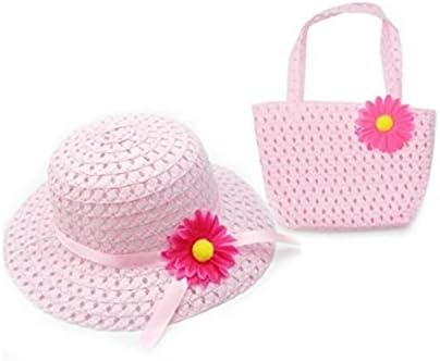 Lovely Outdoor Travel Charm Princess Straw Baby Girl Sun Hat Flower Cap and Handbag (Pink)
