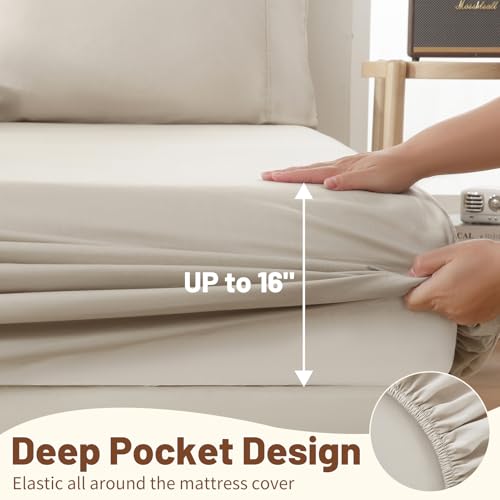 MEISHANG 1000 Thread Count Egyptian Cotton Sheets California King - 100% Egyptian Cotton Sheet Set, Sateen Weave, Soft & Breathable, 16" Deep Pockets - 4 Piece (Cal King, Linen)