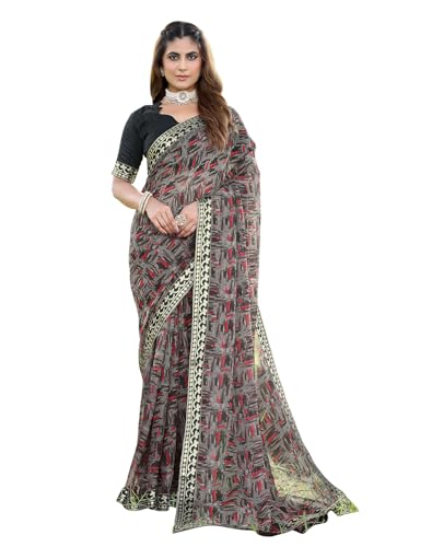 Image of Yashika Women's Georgette Saree with Lace Border |Solid Digital Printed Saree for Women