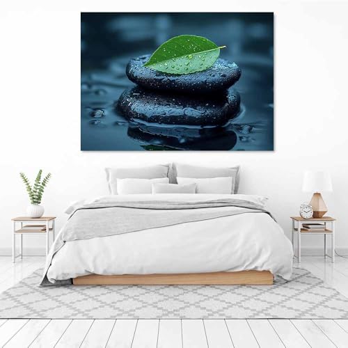 Goutte d'eau feuille & pierre noire tableau murale horizontal vert - 3