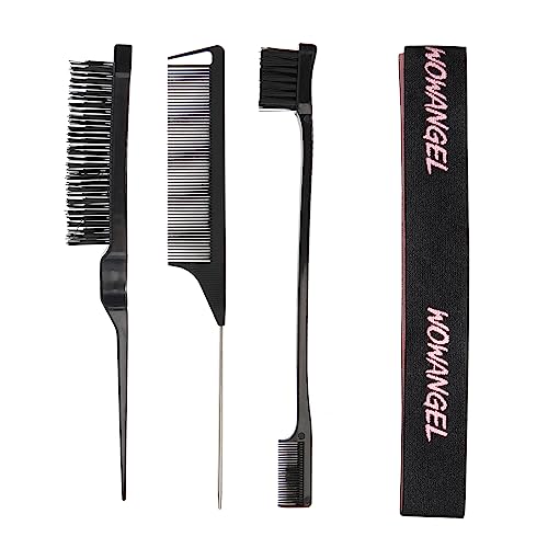 WOWANGEL 4PCS Hair Styling Brush Set - Teasing Brush, Rat Tail Comb, Edge Brushing Comb with Dual Design & Elastic Band for Wig Styling, Baby Hair Care, Edge & Back Slicking -Salon Tools(Black)