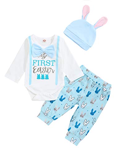 My First Easter Outfits Sets Infant Baby Boy Gentleman Romper Bunny Pants with Rabbit Hat 1st Easter Clothing Sets