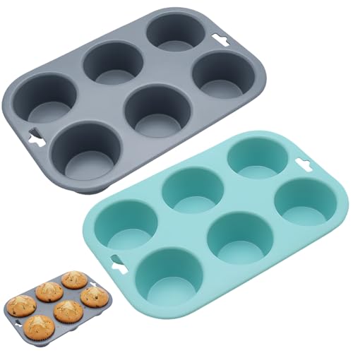 JORcadis 2 Pack 6-Cup Jumbo Muffin Tins with Handle Silicone Muffin Trays Non-Stick Yorkshire Pudding Tray Perfect for Baking Muffins and Frozen Desserts (Gray and Blue)