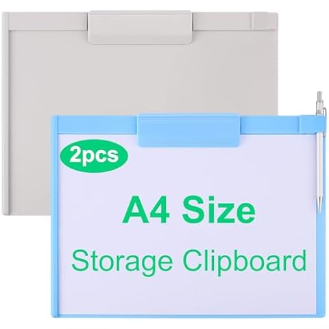 2 PCS A4 Size Clipboard, Plastic Storage Clipboard, 8.5x11 Clipboard with Pen Holder, Plastic Clipboards with Low Profile Clip, Cute Hanging Clipboard for Office School Supplies Clip Board(Blue+Grey) Cover