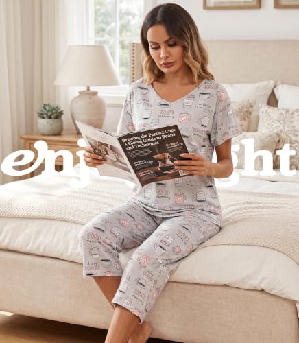 Image of ENJOYNIGHT Womens Pajama Sets Cotton Pj Set Short Sleeve Top With Capri Pants Sleepwear 2 Piece Lounge Set