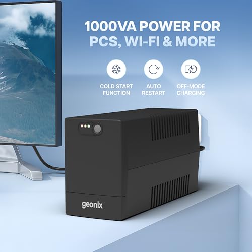 Image of Geonix UPS 1000VA / 600W - BIS Approved Uninterruptible Power Supply for Desktop PCs | Automatic Voltage Regulator, Auto Restart, Cold Start Function - Black