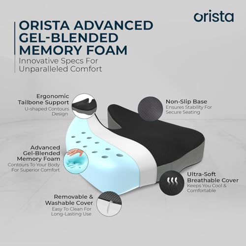 Image of Orista Orthopedic Coccyx Seat Cushion with Cooling Gel Memory Foam | Tailbone, Sciatica & Lower Back Pain Relief | Office Chair, Car Seat, Wheelchair & Home Sitting Cushion | Washable Cover