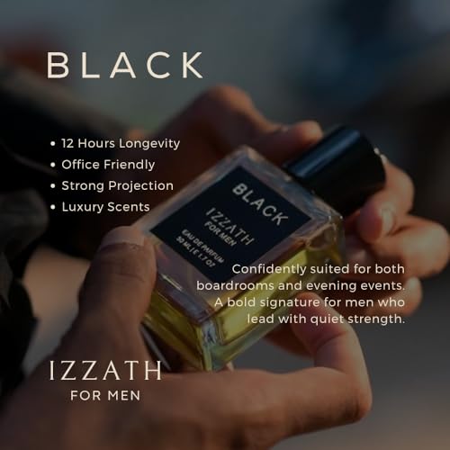 Image of IZZATH Black Eau De Parfum 50ml : Luxury Men's Perfume with Bergamot, Black Currant, Apple, Lemon & Pink Pepper | Elegant Gift for Him