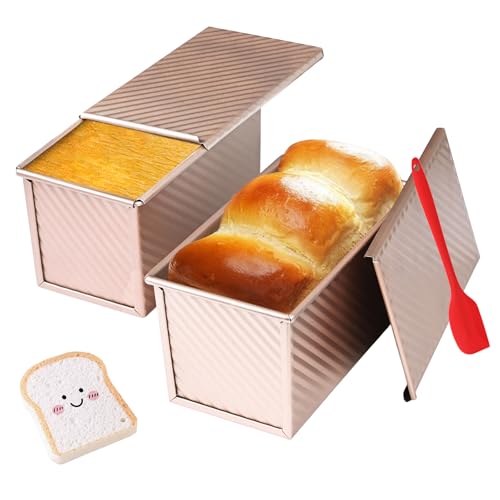 Image of Pullman Loaf Pan with Lid, 2 Pack 1 lb Dough Capacity for Homemade Bread, Non-stick Corrugated Carbon Steel Bread Toast Box with Cover for Bakeware, Sandwich & Toast Oven Baking, Gold
