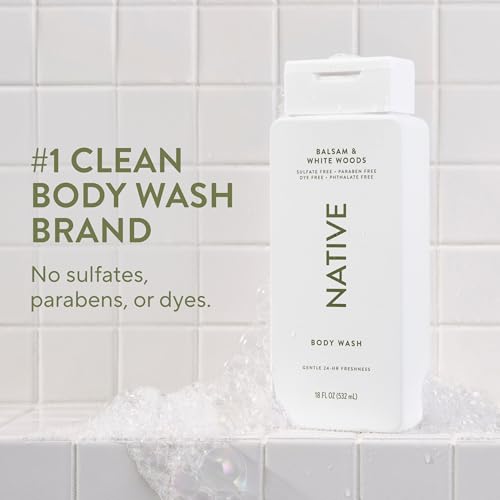 Image of Native Clean Body Wash, Gentle & pH-balanced for Sensitive Skin, 24-Hr Freshness for Men & Women, Vegan & Cruelty-Free, Free of Sulfates & Parabens, Balsam & White Woods, 18 fl oz