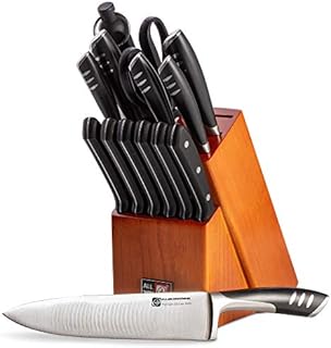 ALLWIN-HOUSEWARE W Premium 15-Piece German High Carbon Stainless Steel Kitchen Knives Set with Rubber Wood Block, Professional Double Forged Full Tang Chef Knife Set