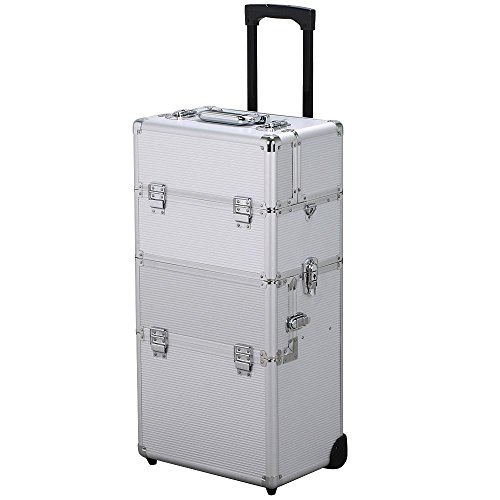 Gotobuy 3 in 1 2-Wheeled Makeup Beauty Nail Case Cosmetics Trolley Bag Box, Silver