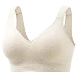 Momcozy Seamless U.S. Cotton Busty Bras for Women,Comfortable Wireless Full Coverage Bra with Molded Cups for Large Bust Oatmeal