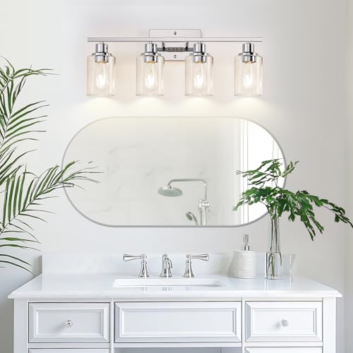 Image of Indoi 4-Light Bathroom Light Fixtures, Chrome Modern Vanity Lights with Clear Glass Shades, Bathroom Wall Lamp for Mirror Living Room Cabinet Bedroom Porch