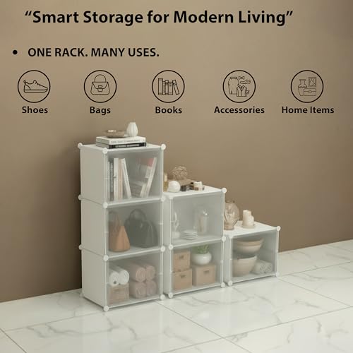 Image of ALOXE DIY Foldable Shoe Rack | 4 Layer Plastic Shoes Rack with Door Cover | Multipurpose Stand for Home & Entryway (White)