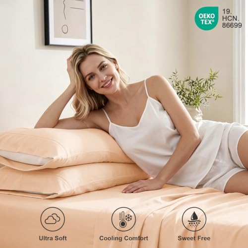 4 Piece King Size Sheet Set, Breathable & Cooling King Sheets-Peach Pink - image 5