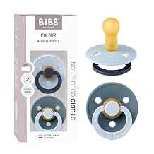 BIBS Colour Studio Pacifier 2-Pack, BPA Free, Round Nipple. Natural Rubber Latex, Made in Denmark, Size 2 6-18 Months - Baby Blue/Petrol