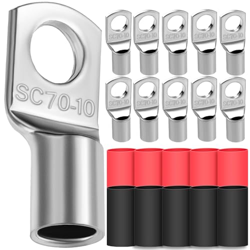 10x Cable Lugs 70mm² M10 Thickened Copper Uninsulated SC Crimp Lugs Battery Cable Ends Lugs Battery Terminals with 10 Heat-shrink Tubing 3: 1
