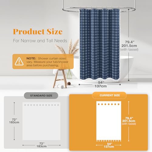 Image of BTTN Stall Fabric Shower Curtain - 54x78 Inch Boho Linen Heavy Duty Tassel Shower Curtain Set with 10 Hooks, Narrow Rustic Modern Farmhouse Neutral Cloth Thick Shower Curtains for Bathroom - Navy Blue
