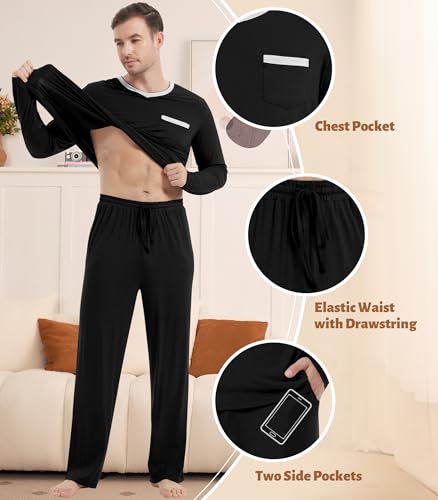 Image of NACHILA Pajamas for Men-Viscose Made from Bamboo, Long Sleeve Pajamas Set Comfy Sleepwear Pants Soft V Neck Pjs with Pockets