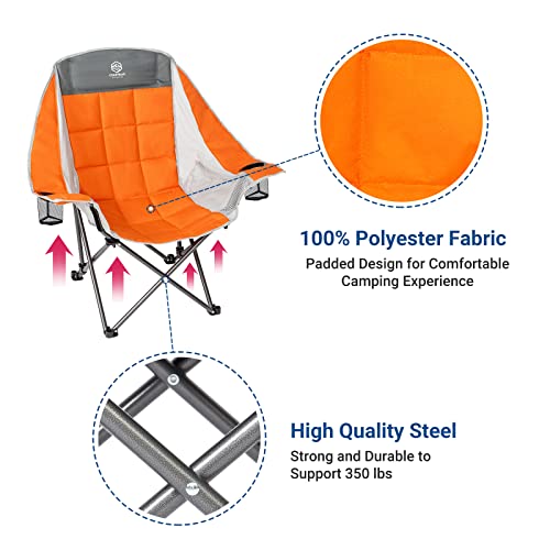 Coastrail Outdoor Camping Chair Oversized Padded Folding Quad Arm Chairs with Lumbar Back Support, Cooler Bag, Cup Holder & Side Pocket, Extra Head Pocket, Supports 400 lbs (Modern, Orange)