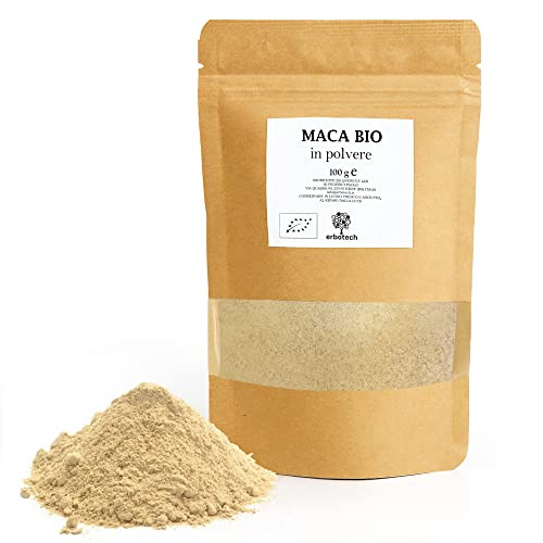 ERBOTECH, Maca Peruana BIO en Polvo, Sobre de 100 g, Rica Fuente de Minerales, Vitamina B, Vitamina C, Vitamina E, Sin Gluten, Apto para Vegetarianos y Veganos