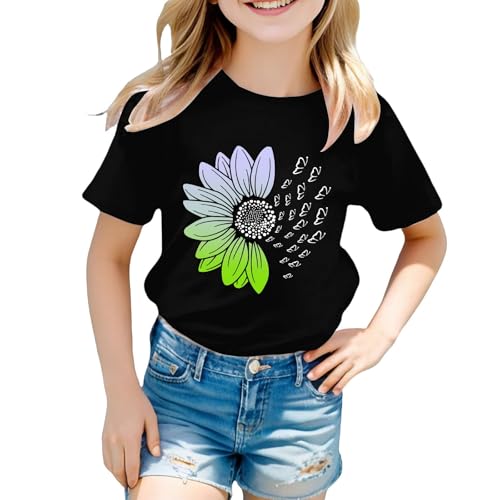 Girls Loose Fit Sunflower Graphic T Shirts Short Sleeve Crewneck Cute Pattern Printed Tops Kids (D-Black, 10-11 Years)3