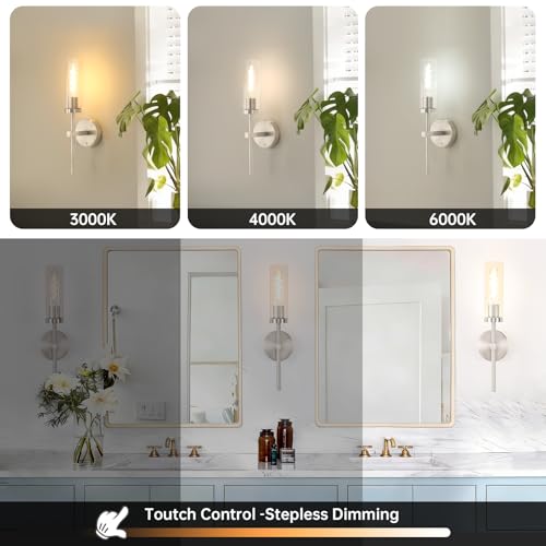 Image of Shenmoyl Battery Operated Wall Sconces Set of 2, Nickel Rechargeable Wall Lighting Fixtures, Dimmable Wall Lights with Remote & Clear Glass Shade for Living Room, Bathroom,Bedroom
