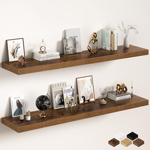 Image of Fun Memories 72 Inch Floating Shelves, 12 Inch Deep Wall Shelf for Fireplace Mantel, Deep Storage Shelves for Home & Office, Long Floating Shelf with Invisible Bracket, Rustic Brown, Set of 2