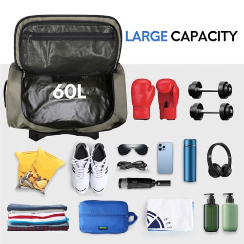 Haimont Water Resistant Backpack Duffle Heavy Duty Convertible Duffle Bag with Backpack Straps for Gym, Sports, Travel, Army Green, 60L3