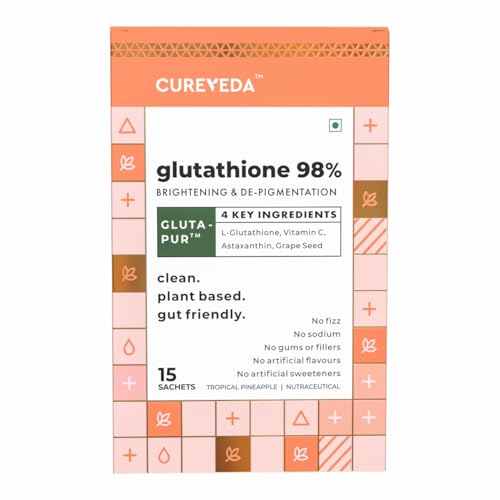 Image of Cureveda Glutathione 98% + pur | High Absorption Powder for Skin Brightening, Anti-Aging & Detox | Naturally Fermented L-Glutathione with Vitamin C, Grape Seed extract & Astaxanthin| 15 Sachets (Pineapple Flavor)