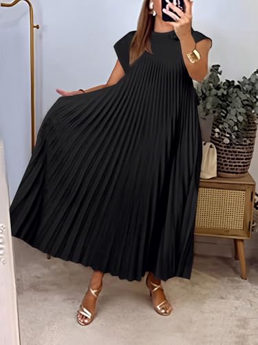 Image of GORGLITTER Women's Pleated Flowy Chiffon Church Dresses Elegant Summer Short Sleeve Wedding Guest Maxi Dress Outfits