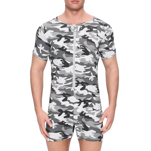 Onesie for Men Cotton Short Sleeve Camouflage Pajama Jumpsuits One Piece Printed Romper Bodysuit Zipper Up