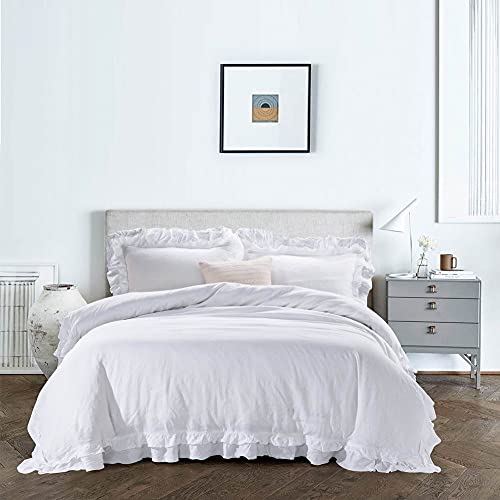 meadow park Stone Washed Pure Linen Duvet Cover Set 3 Pieces - King Size - 104 inches x 92 inches - Shams 20 inches x 36 inches, Double Ruffled Edge Style - Corner Ties, Super Soft, White