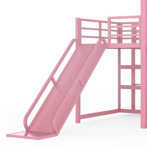 Image of Bellemave Metal Bunk beds Full Over Full with Slide and Storage Stairs, House Floor bunk Bed with guardrail for Kids,Pink