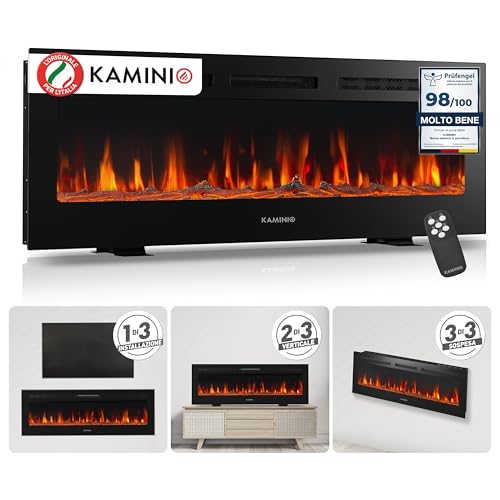KAMINIO Camino elettrico MARLON - Caminetto elettrico 3-in-1 con riscaldamento, effetto fiamma 3D, 12 colori di fiamma, telecomando (50 pollici)