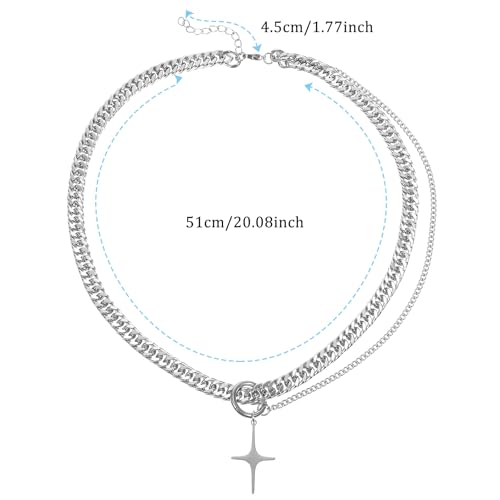 Silver Y2k Irregular Necklace Retro Cross Star Pendant Double Chain Necklace Titanium-Steel Adjustable Hip Hop Grunge Layered Chain Gifts Accessories for Women Men2