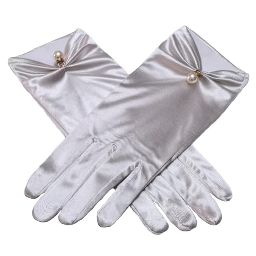 Asudaro Kurze Satinhandschuhe Abendhandschuhe Künstliche Perlen Dekoration Brauthandschuhe 22CM Hochzeitskleid Handschuhe Tea Party Tanzhandschuhe Oper Dinner Handschuhe Silber