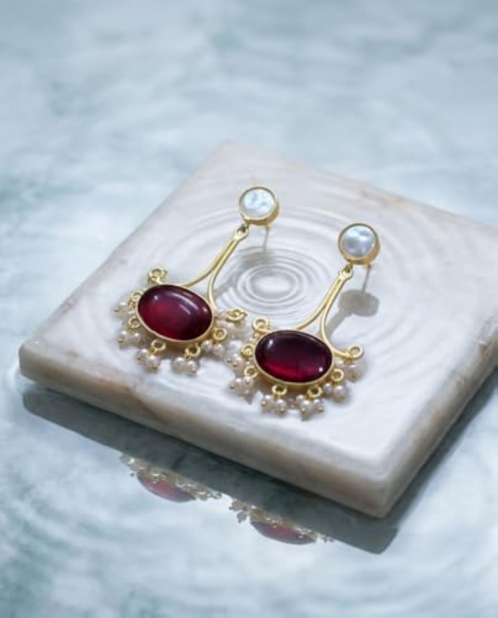 Gold Plated Maroon Stone Drop Earrings, Elegant Jhumka