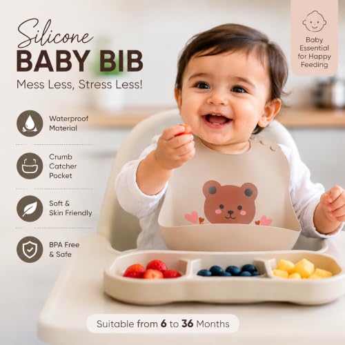 Image of Silicone Bib for Baby | Waterproof Silicone Baby Bib for Feeding with Crumb Catcher | Adjustable Neckline with Buttons | Washable & Reusable | Suitable from 6 to 36 Months