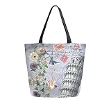 747 Femme Sac À Provisions Tour Penchée De Pise Retro Flower Bird Sac De Courses Mode Sac De Plage Grand Pliable Sac En Toile Shopper Pour Vacances Travail Shopping Voyages