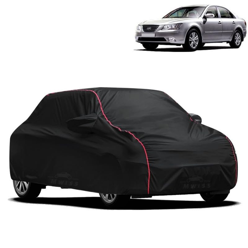 Image of Waterproof Car Cover for Hyundai Sonata Transform | All-Weather Protection, Dustproof & UV Resistant | Triple Stitched Mirror Pockets, Windproof Buckle Strap with Elastic Hem, Black-Red Piping